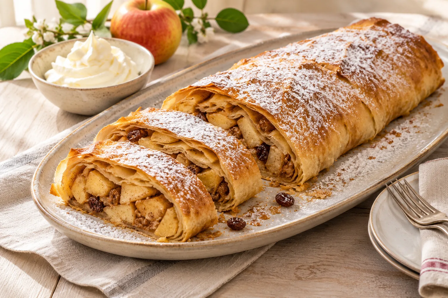 Golden apple strudel slices showing apple, raisin and cinnamon filling in thin pastry