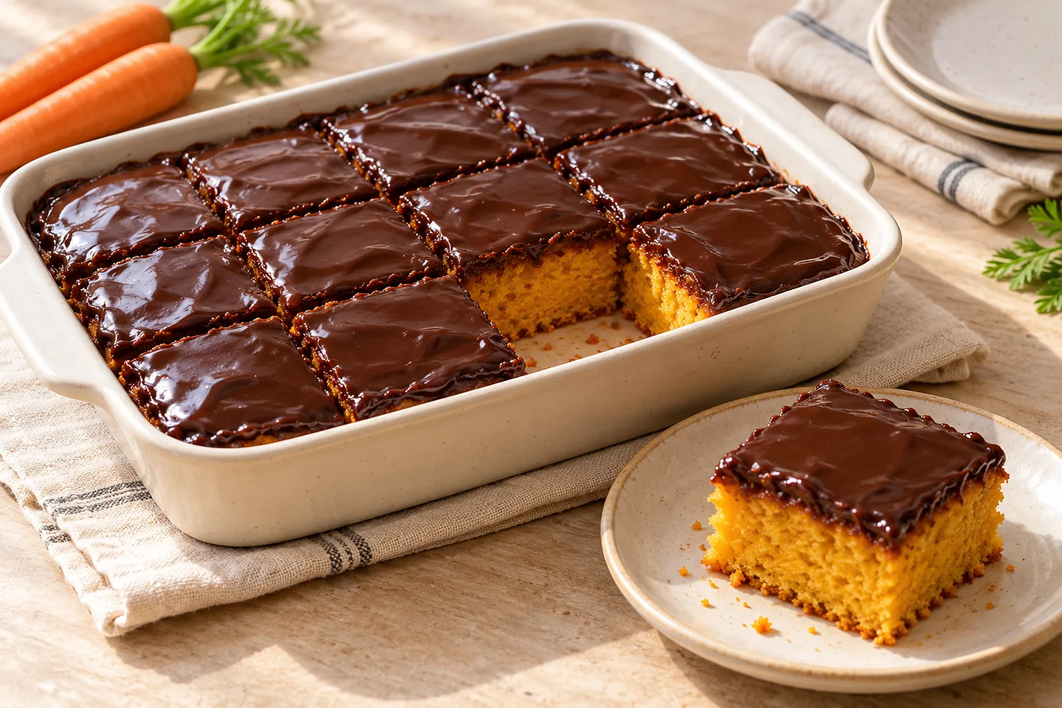 Golden-orange Brazilian carrot cake squares with a thin glossy chocolate topping