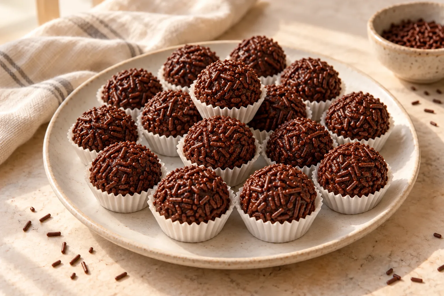 Chocolate brigadeiros coated in small chocolate sprinkles in paper candy cups