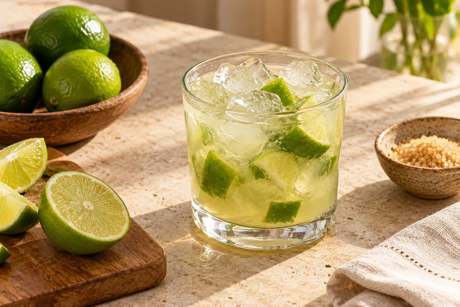 Caipirinha in a short glass with muddled green lime wedges and irregular ice