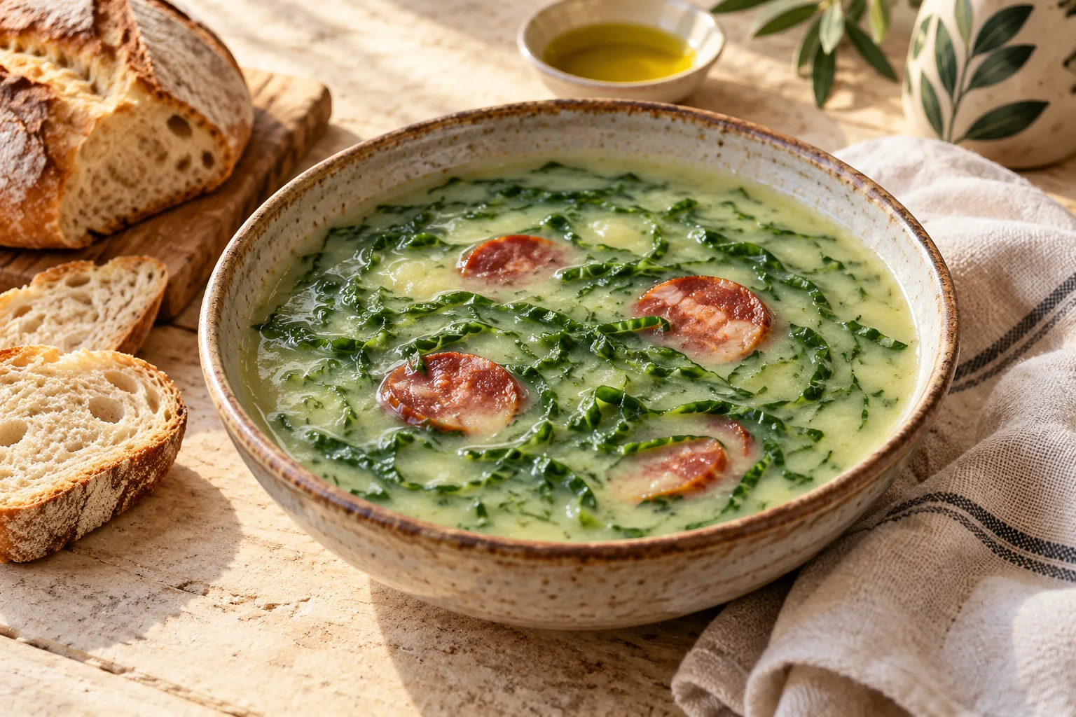 Pale potato soup with fine ribbons of dark greens and thin chouriço slices