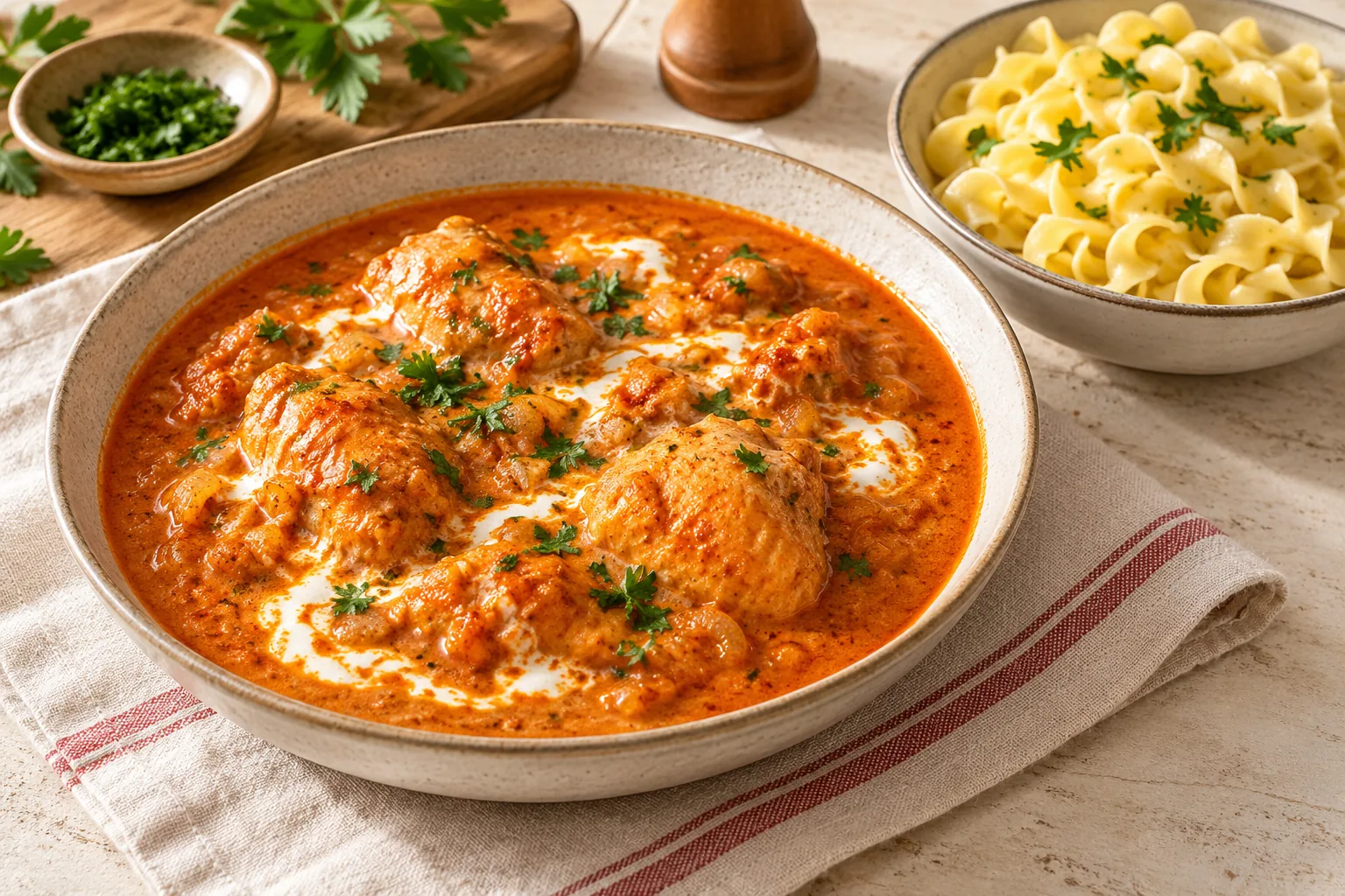 Chicken thigh pieces in creamy orange-red paprika sauce with noodles on a separate dish