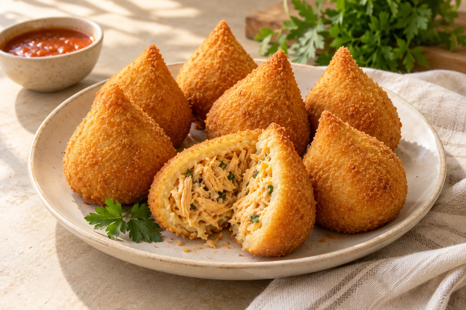 Golden teardrop chicken croquettes with one opened to show shredded chicken inside