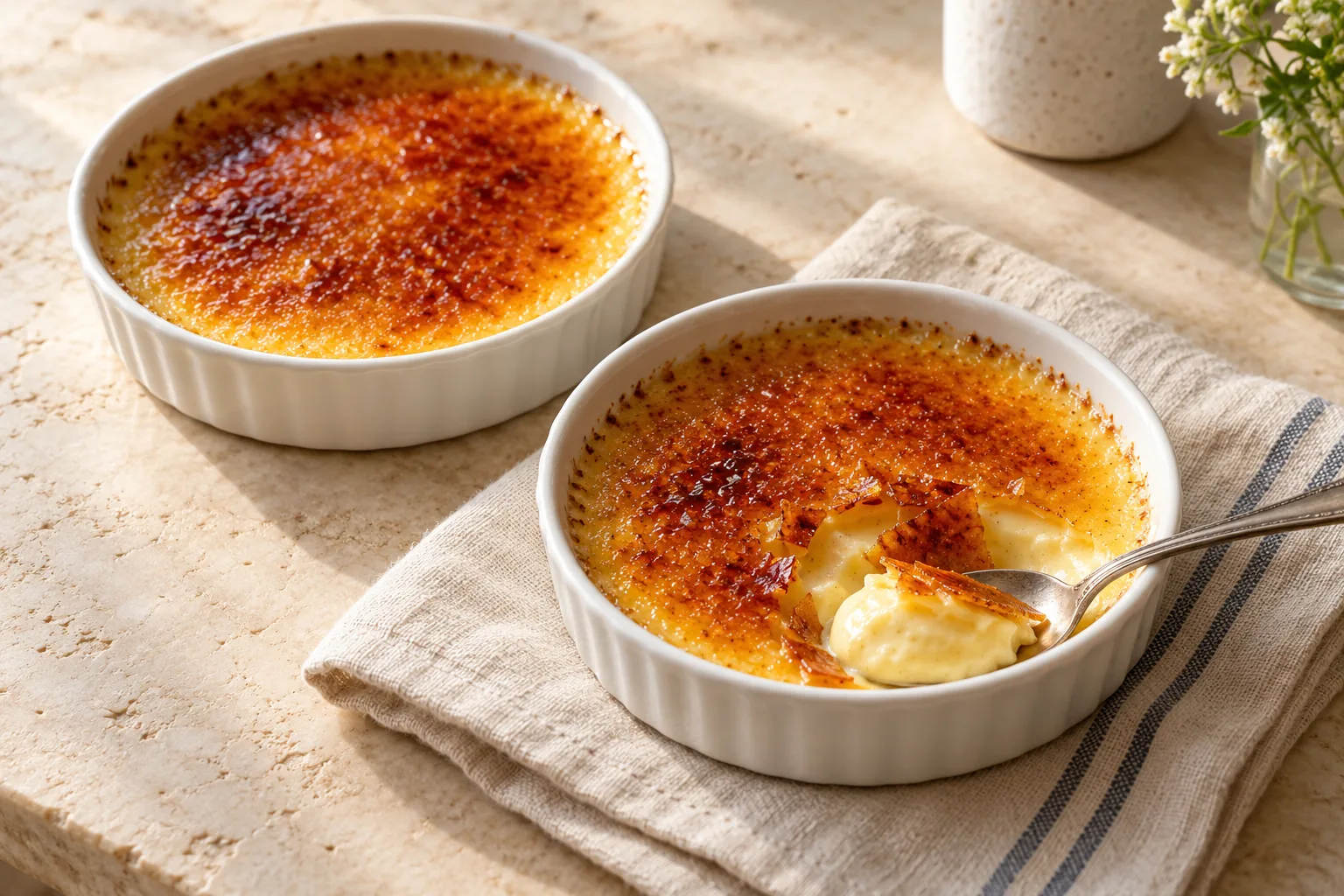 Vanilla custards in shallow white ramekins with amber caramelized sugar tops