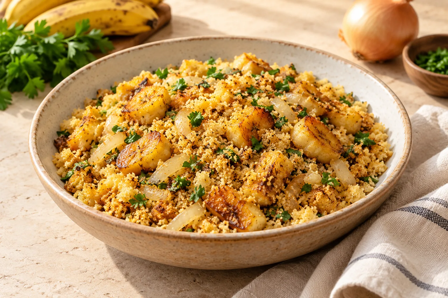 Golden toasted cassava crumbs with browned banana pieces, onion and parsley in a bowl