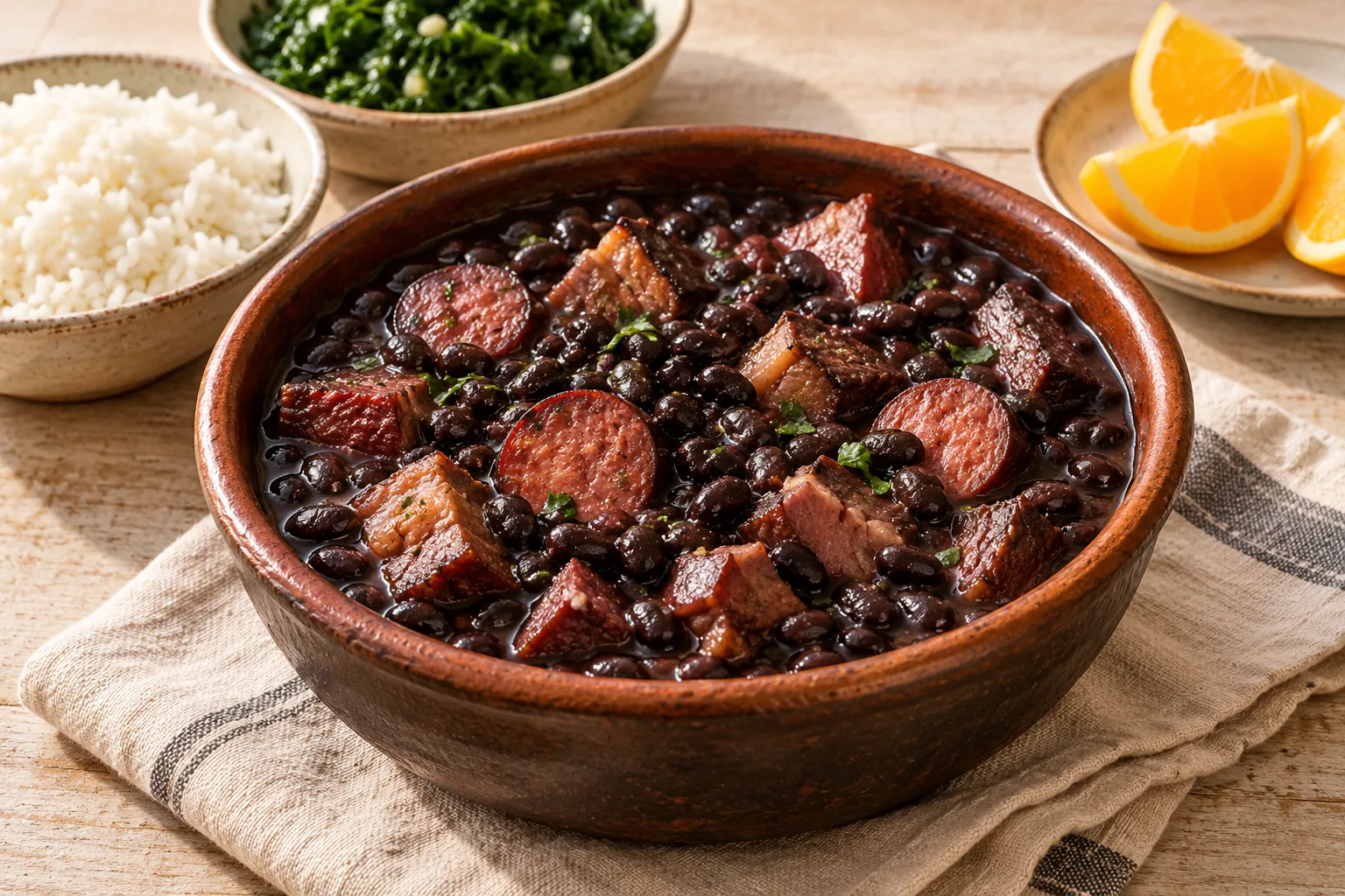 Black bean and pork stew with smoked sausage in a bowl, with an orange wedge alongside