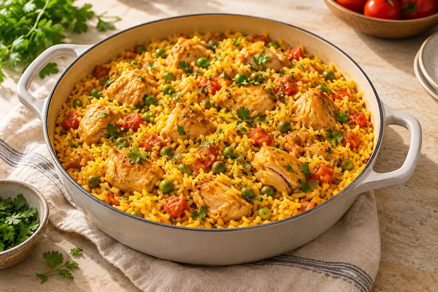 Golden rice with chicken thigh pieces, peas, tomato and parsley in a wide cooking pot