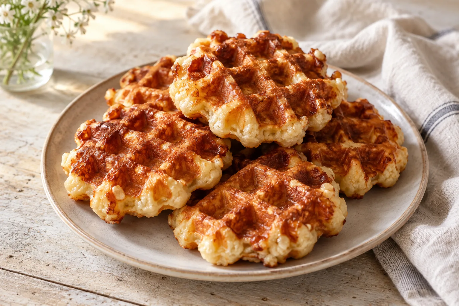 Small irregular golden Liège waffles with caramelized sugar pockets stacked on a plate