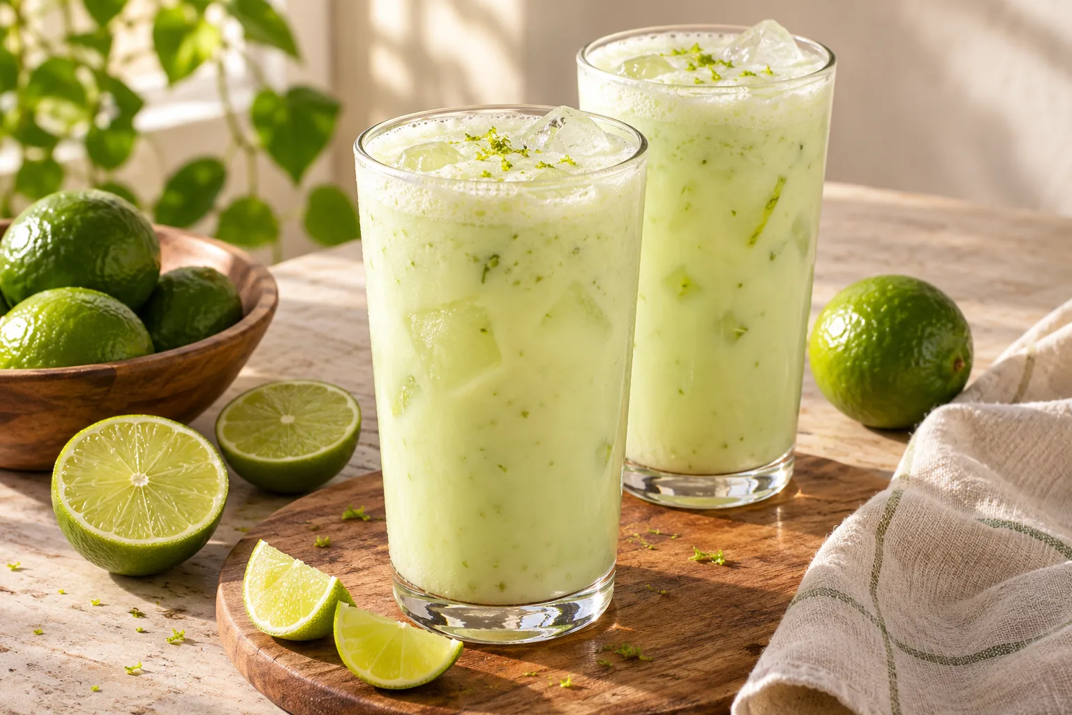 Two tall glasses of pale creamy limeade with ice and fresh limes alongside