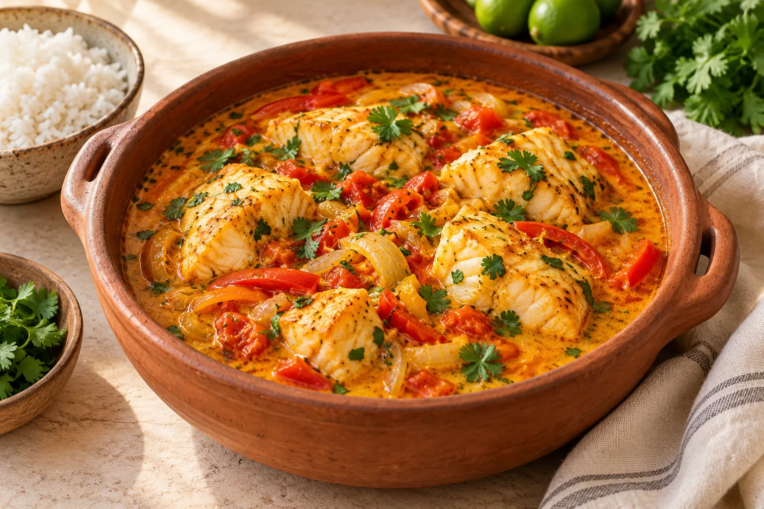 White fish in orange coconut broth with peppers, tomato and cilantro in an earthenware pot