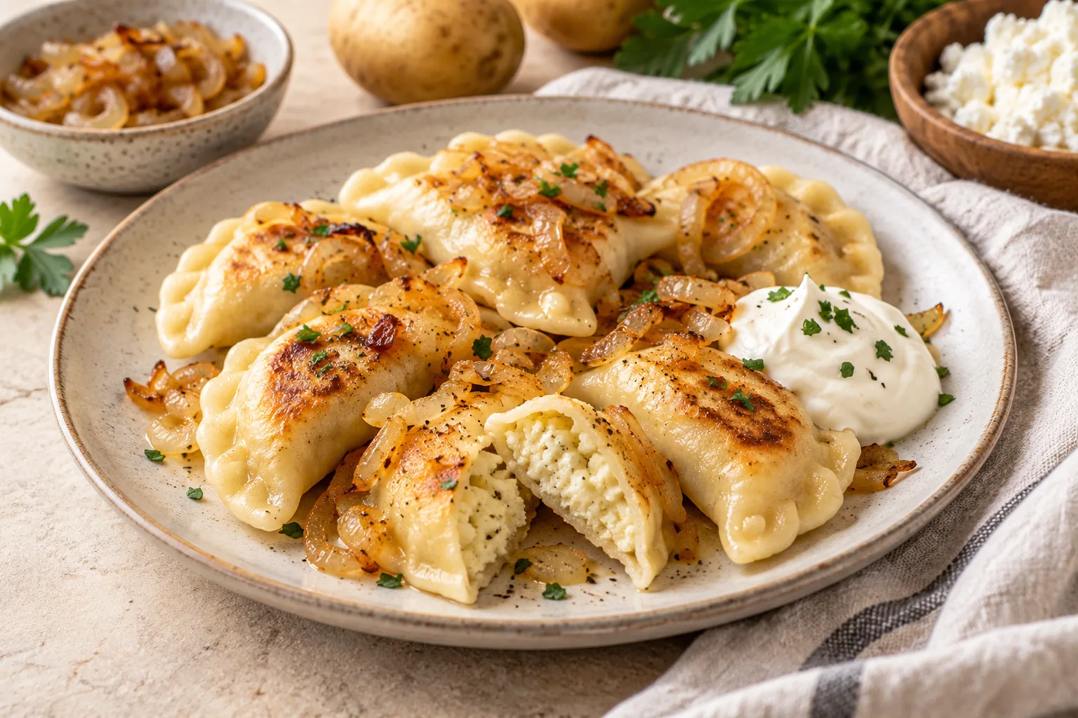 Crescent potato-and-cheese pierogi with golden onions and a small spoonful of sour cream