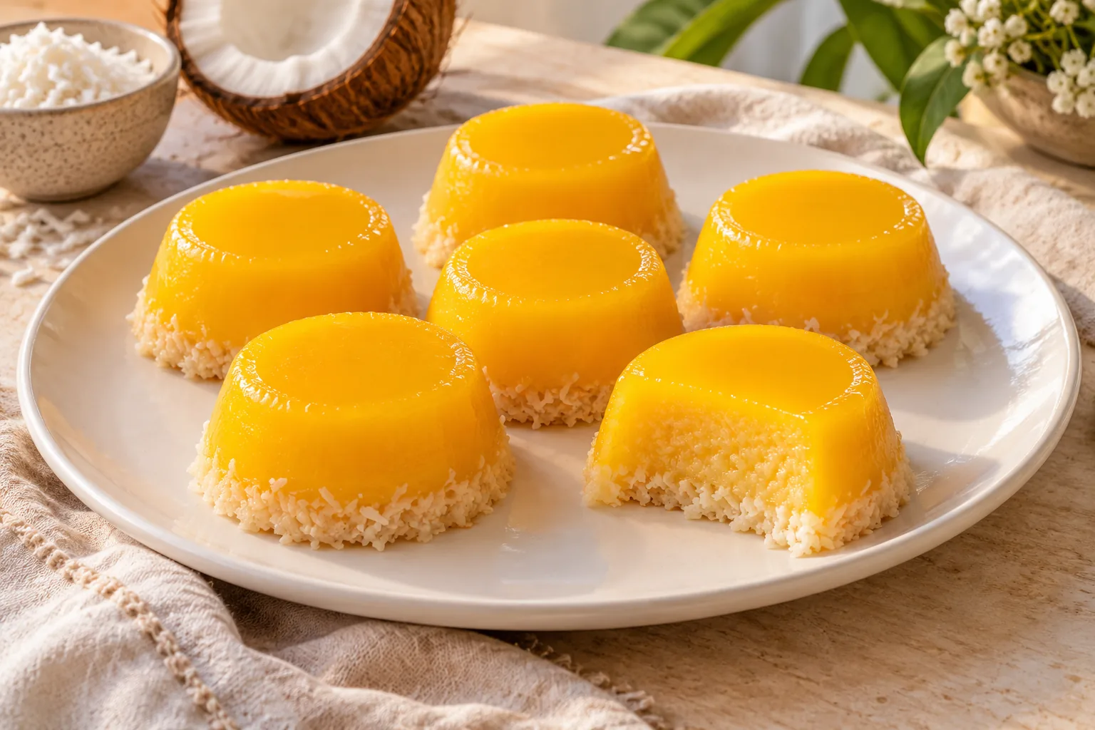 Small shiny yellow coconut custards with thin pale coconut bases unmolded onto a white plate