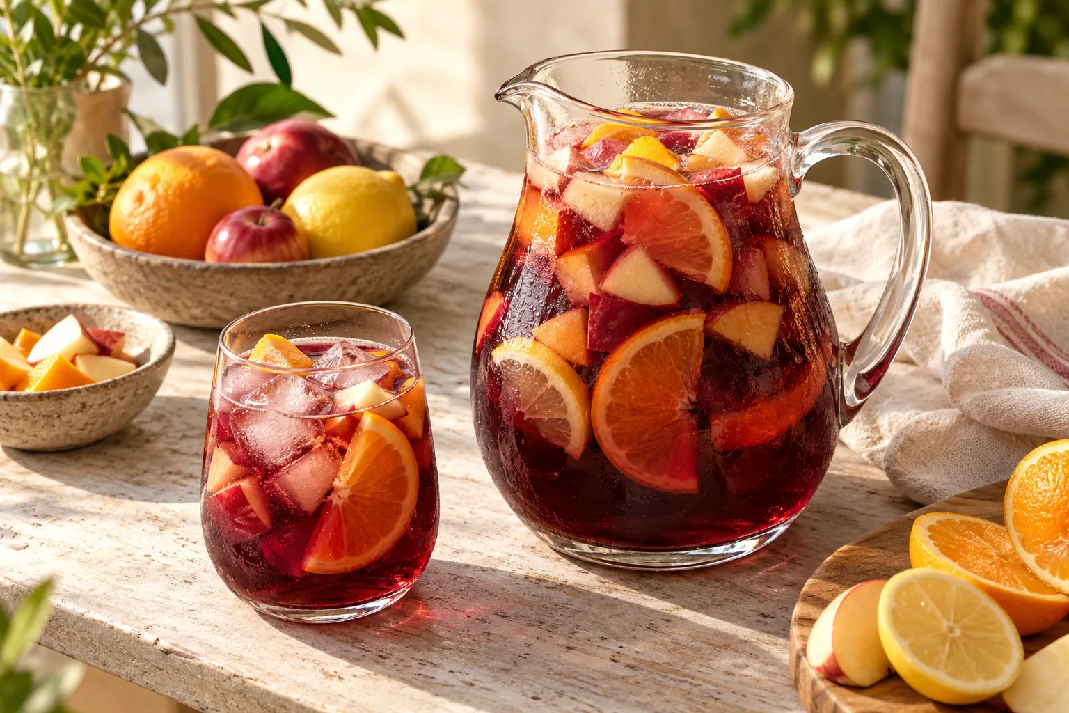 A pitcher of ruby red sangria with orange, lemon and apple beside an ice-filled glass