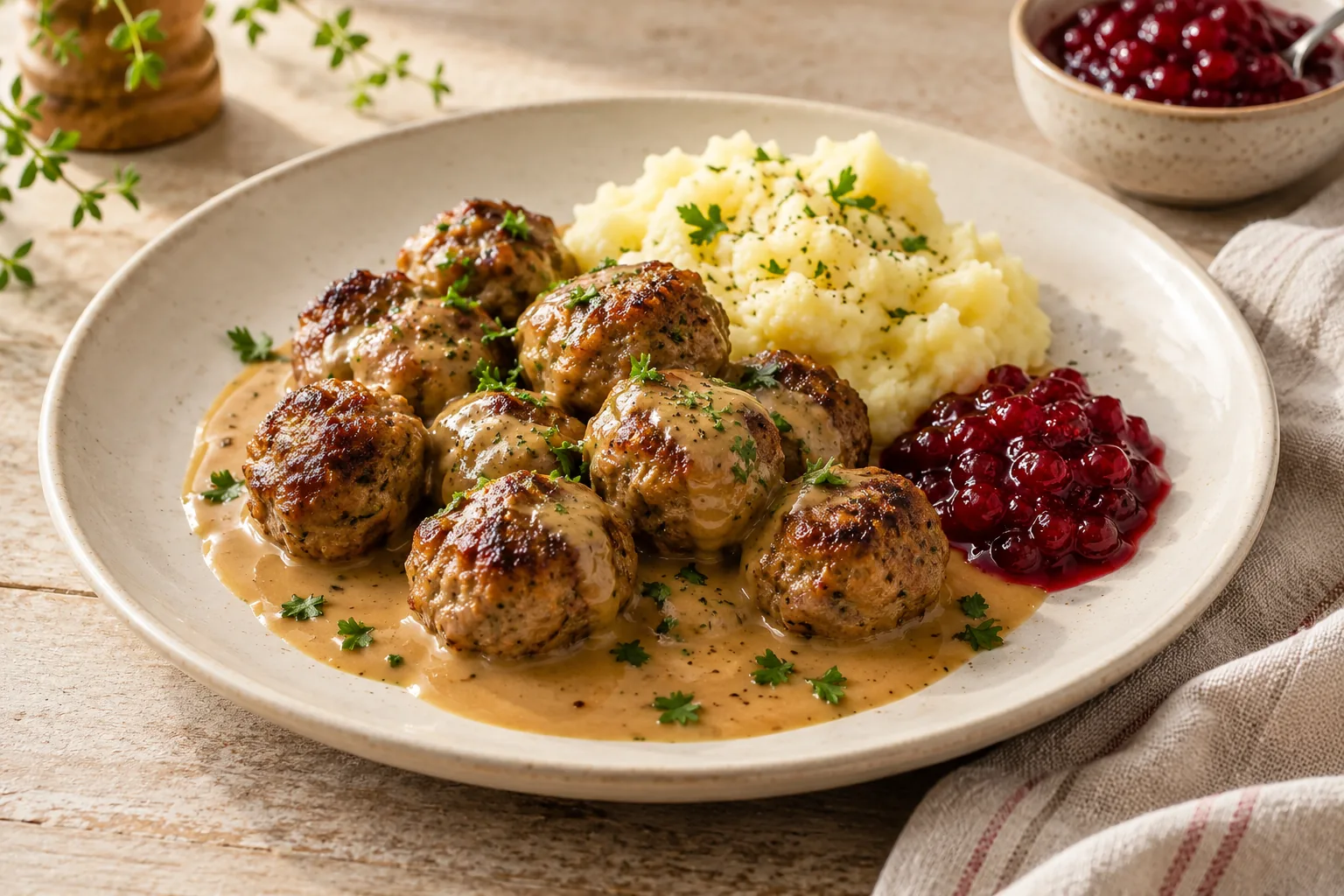 Small browned Swedish meatballs in cream gravy with mashed potatoes and lingonberry jam