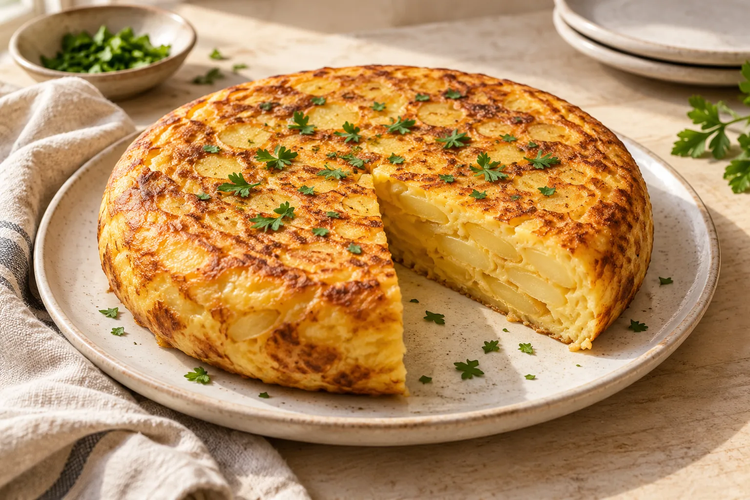 Thick golden Spanish potato omelet with a wedge cut out to show layered potatoes