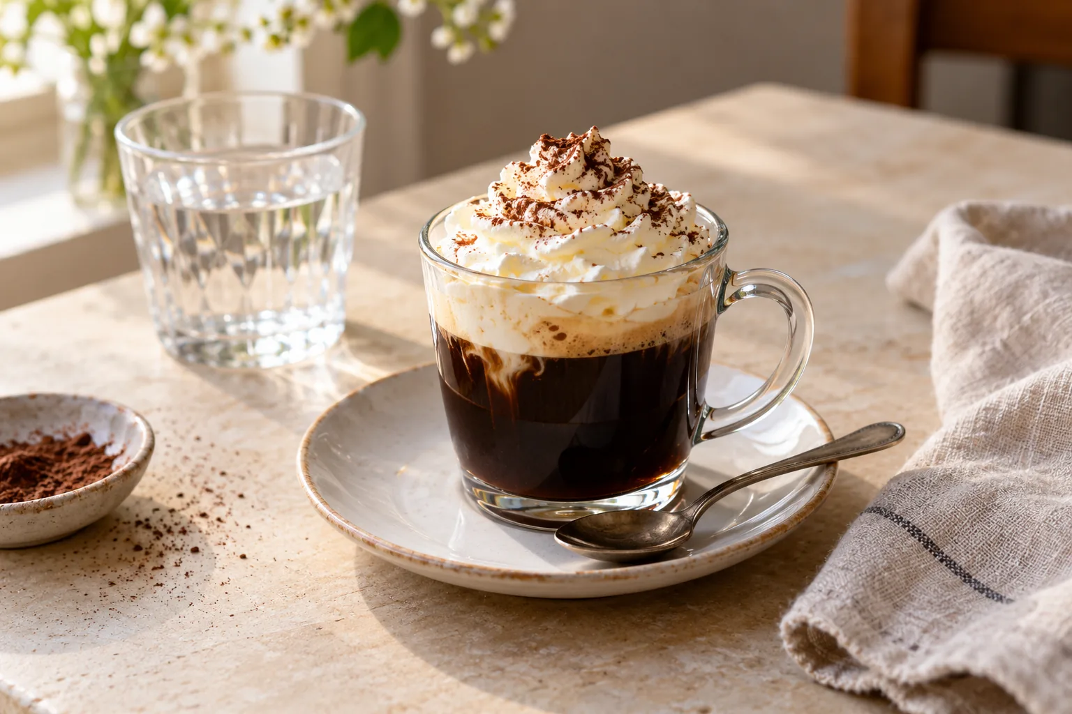 Dark hot coffee in a handled glass topped with soft whipped cream and a little cocoa