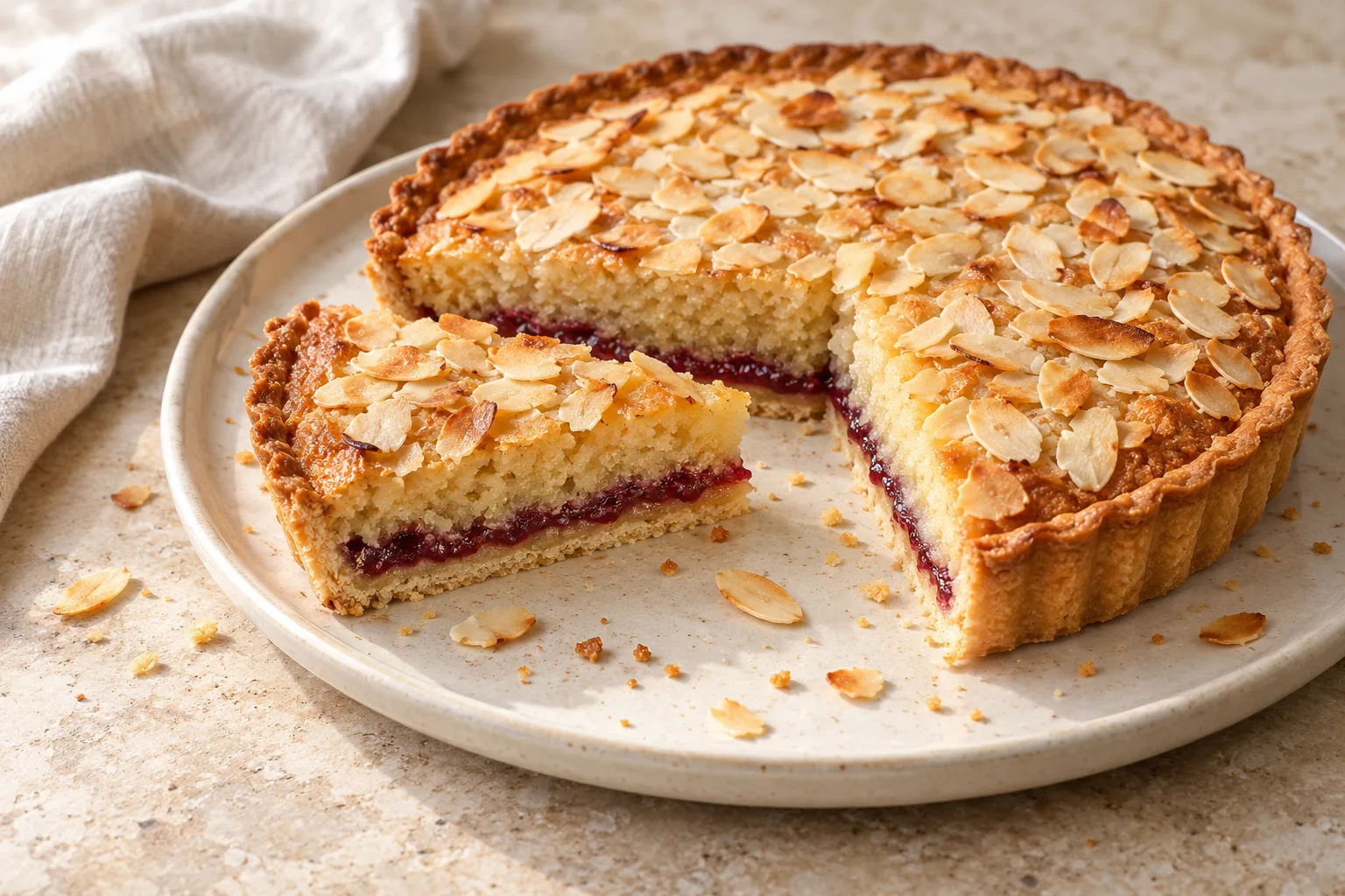A slice of almond Bakewell tart showing a thin raspberry jam layer and unevenly scattered flaked almonds