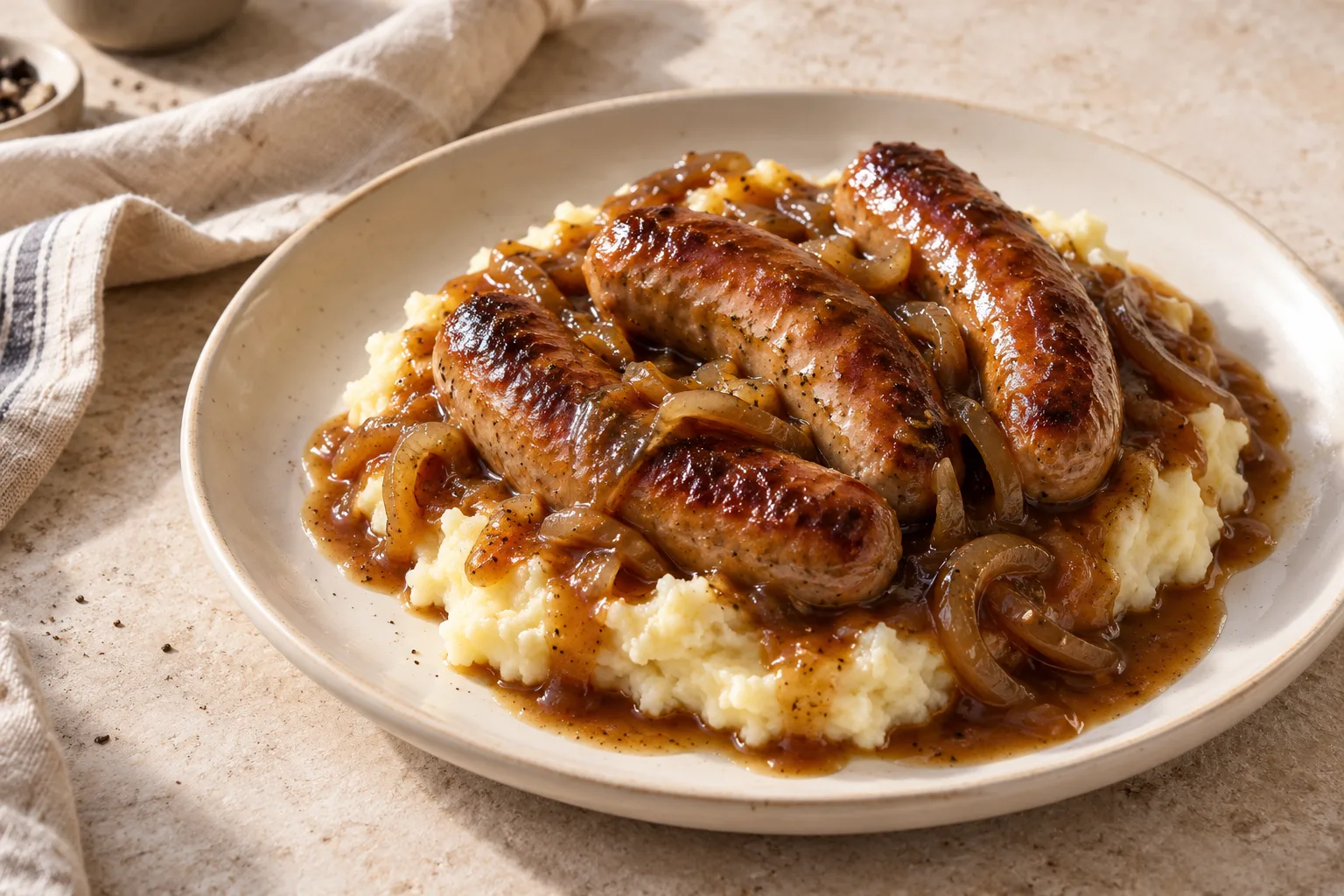 Browned pork sausages resting casually on mashed potatoes with rich sliced-onion gravy