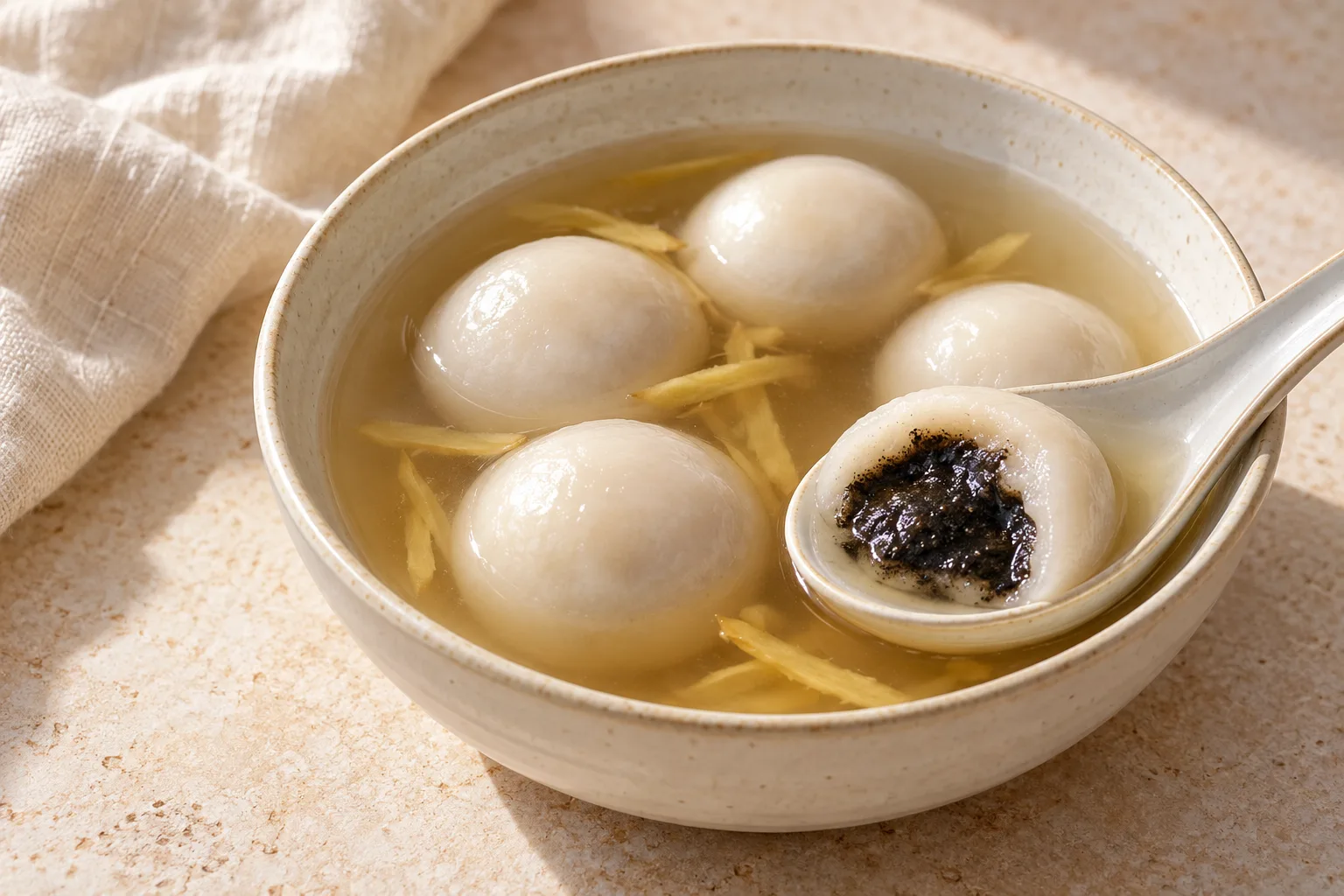 White glutinous rice dumplings in pale ginger syrup with one opened to show black sesame filling