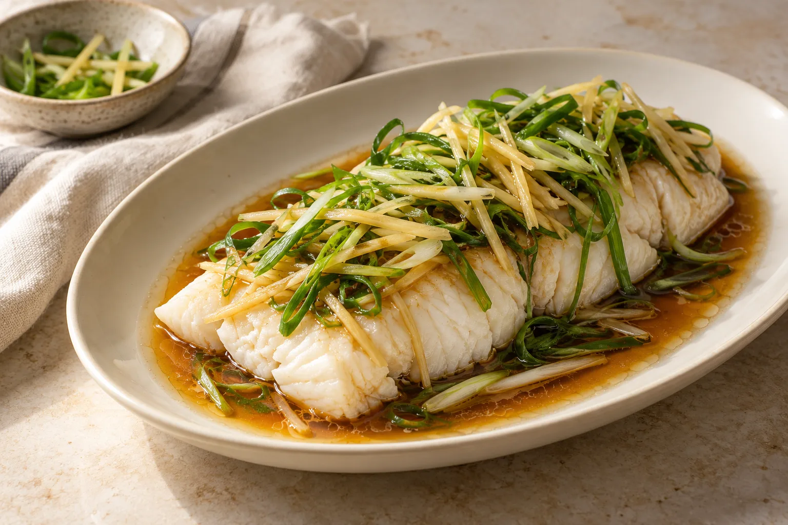 A steamed white fish fillet with loosely layered ginger and scallion strips in a light soy sauce