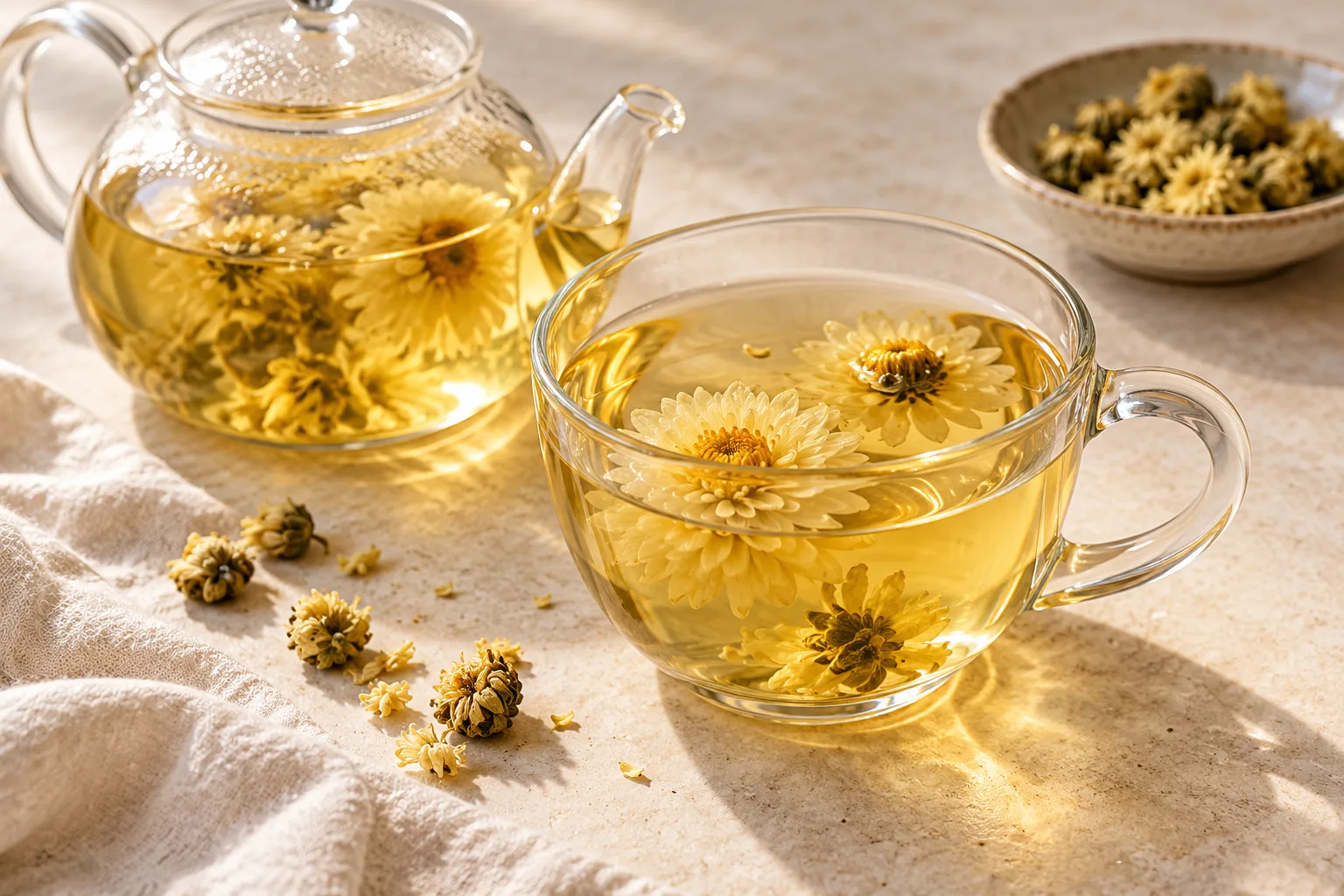 Clear pale yellow chrysanthemum tea in a glass cup with a few small dried flowers nearby