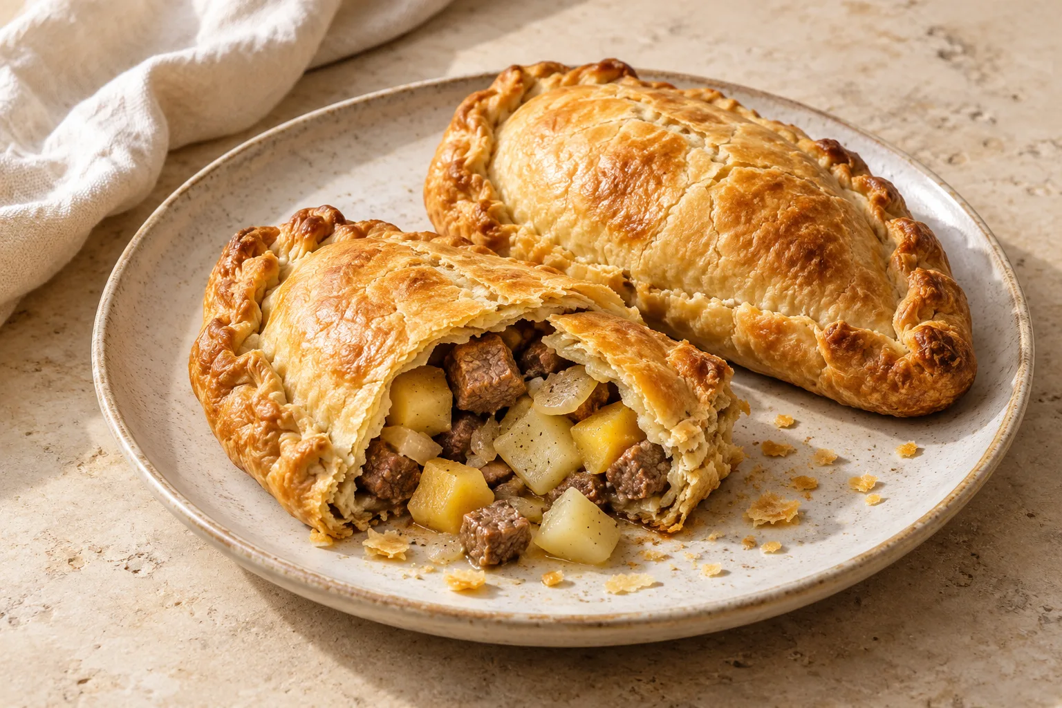 Golden hand-crimped pasties with uneven handmade edges, one cut open to show beef and diced vegetables