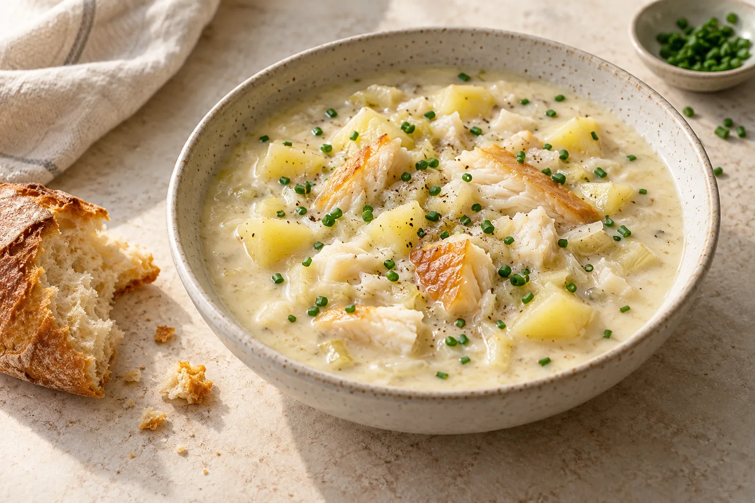 Creamy pale soup with irregular flakes of smoked haddock, potato chunks and scattered chives