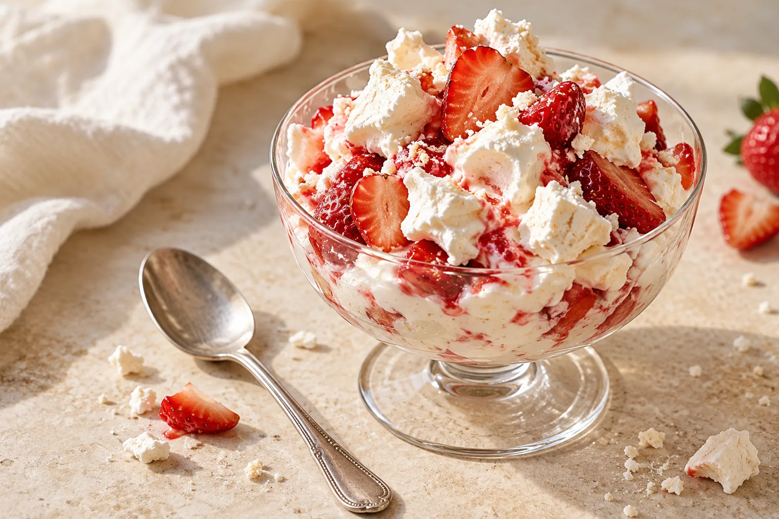 Loose swirls of whipped cream, irregular broken meringue and juicy strawberry pieces in dessert glasses