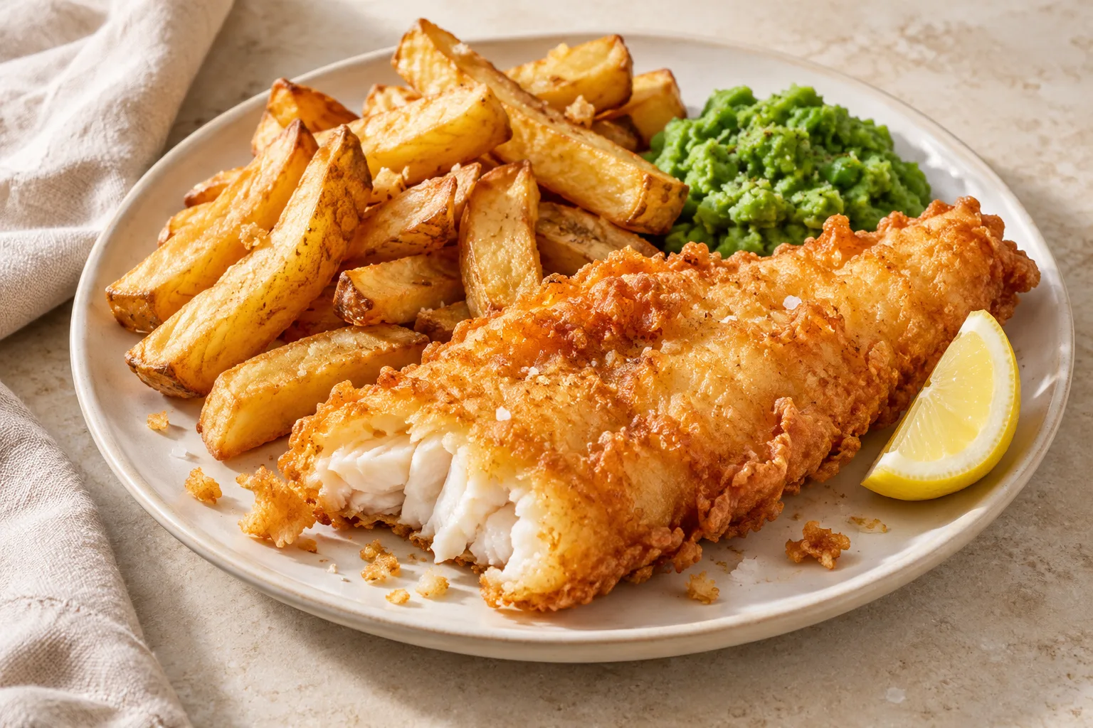 Irregular golden battered fish beside thick chips, green peas and a lemon wedge on a cream plate