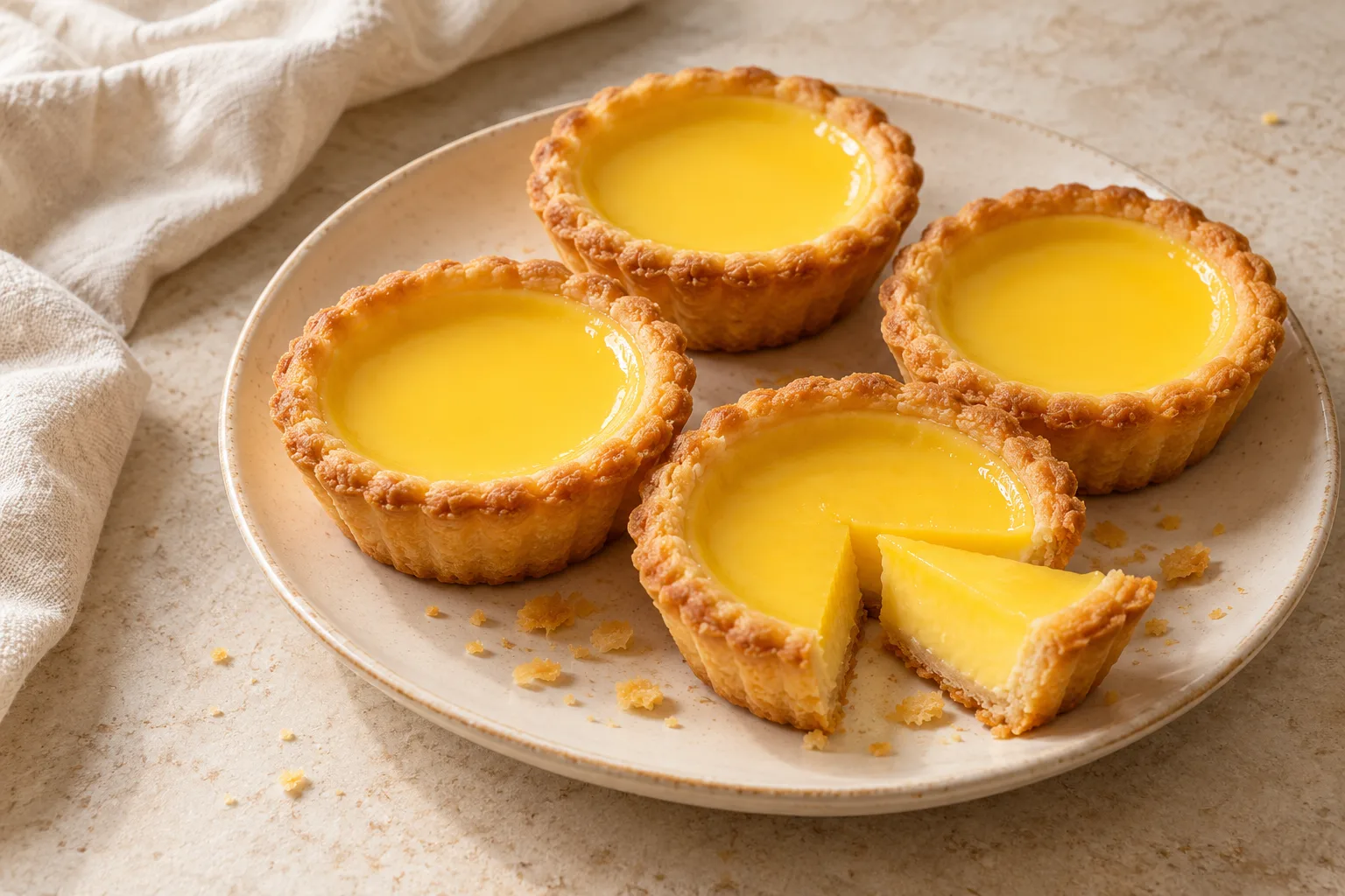Small Hong Kong egg tarts with pale golden shortcrust shells and smooth yellow custard centers