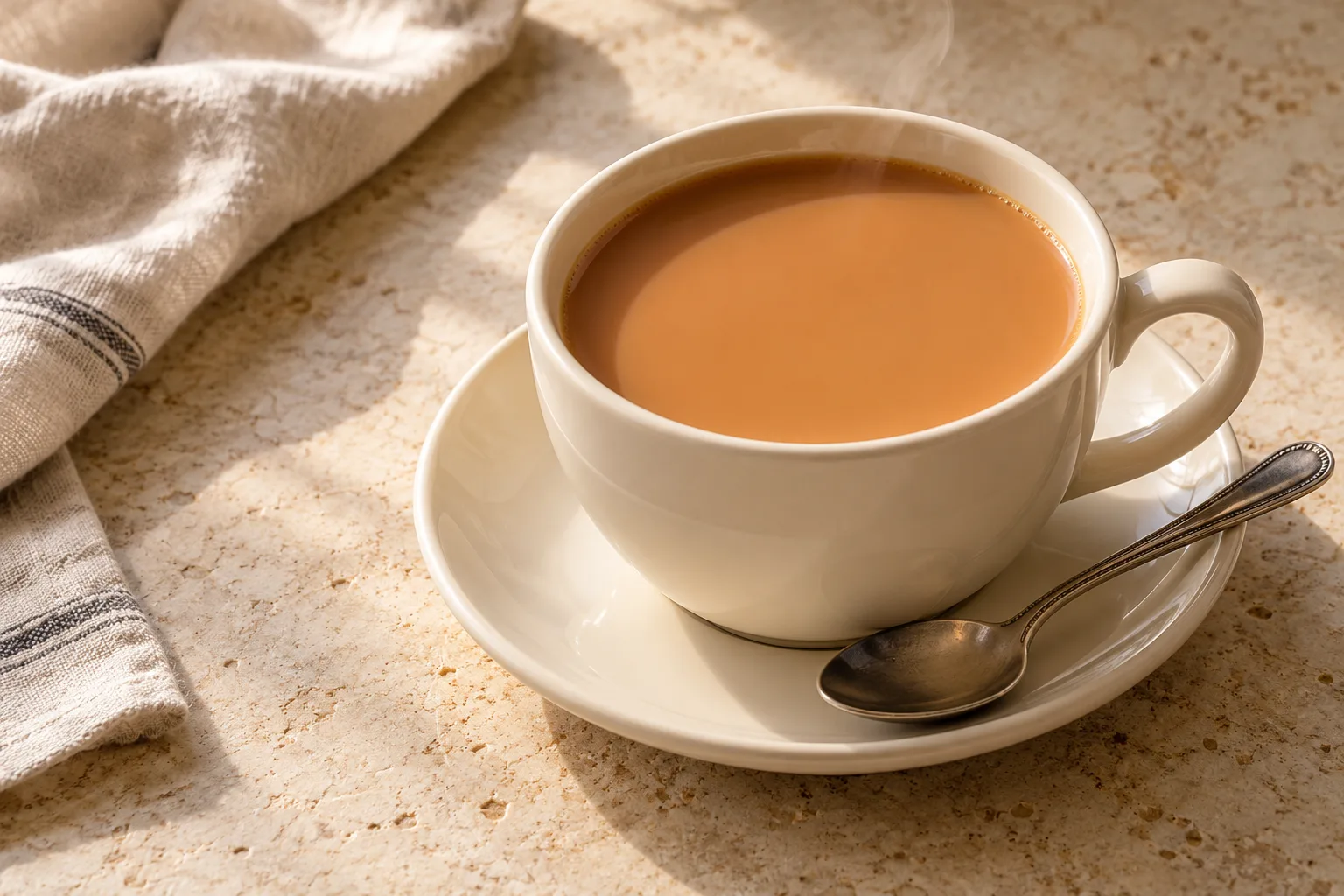 Caramel-brown Hong Kong milk tea in a plain ceramic cup and saucer with no tapioca pearls