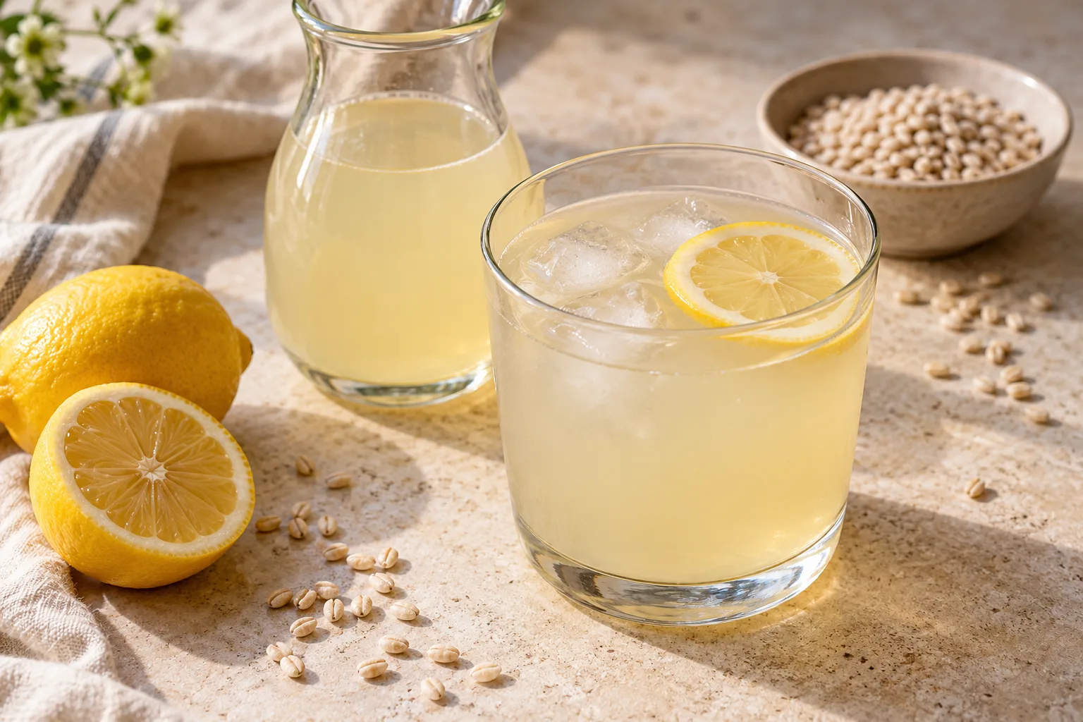 A pale cloudy lemon barley drink in a glass with irregular ice cubes and a lemon slice
