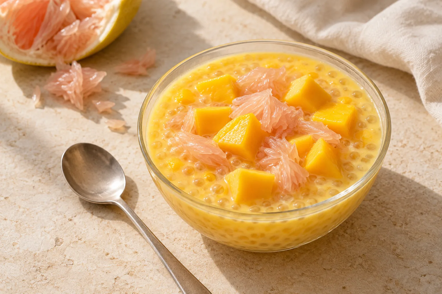 Golden mango and coconut dessert with small translucent pearls, mango chunks and loose pink pomelo pieces