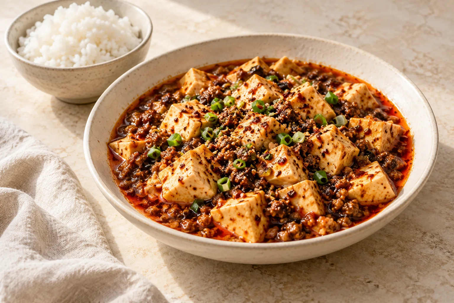 Soft tofu cubes and minced pork in red chili sauce with casually scattered scallions in a shallow bowl