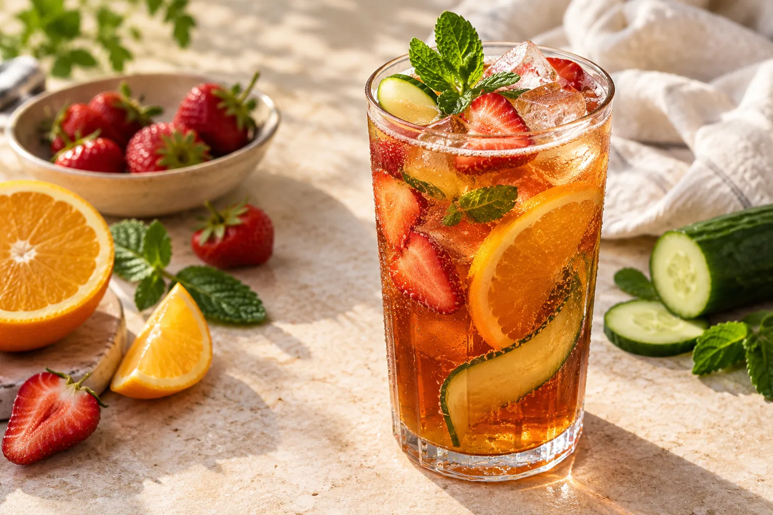Amber Pimm’s cocktail with ice, naturally angled cucumber, strawberry pieces, orange and a loose mint sprig