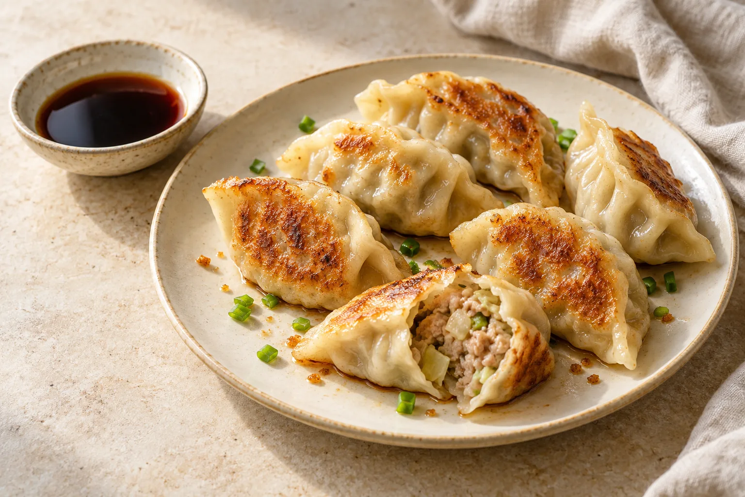 Handmade pleated pork dumplings with irregular golden bottoms beside a small soy-vinegar dipping bowl