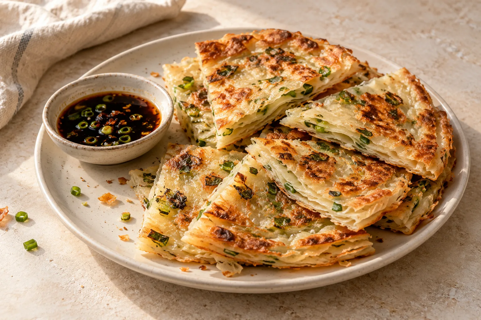 Irregular golden scallion pancake wedges showing flaky layers and green onion pieces