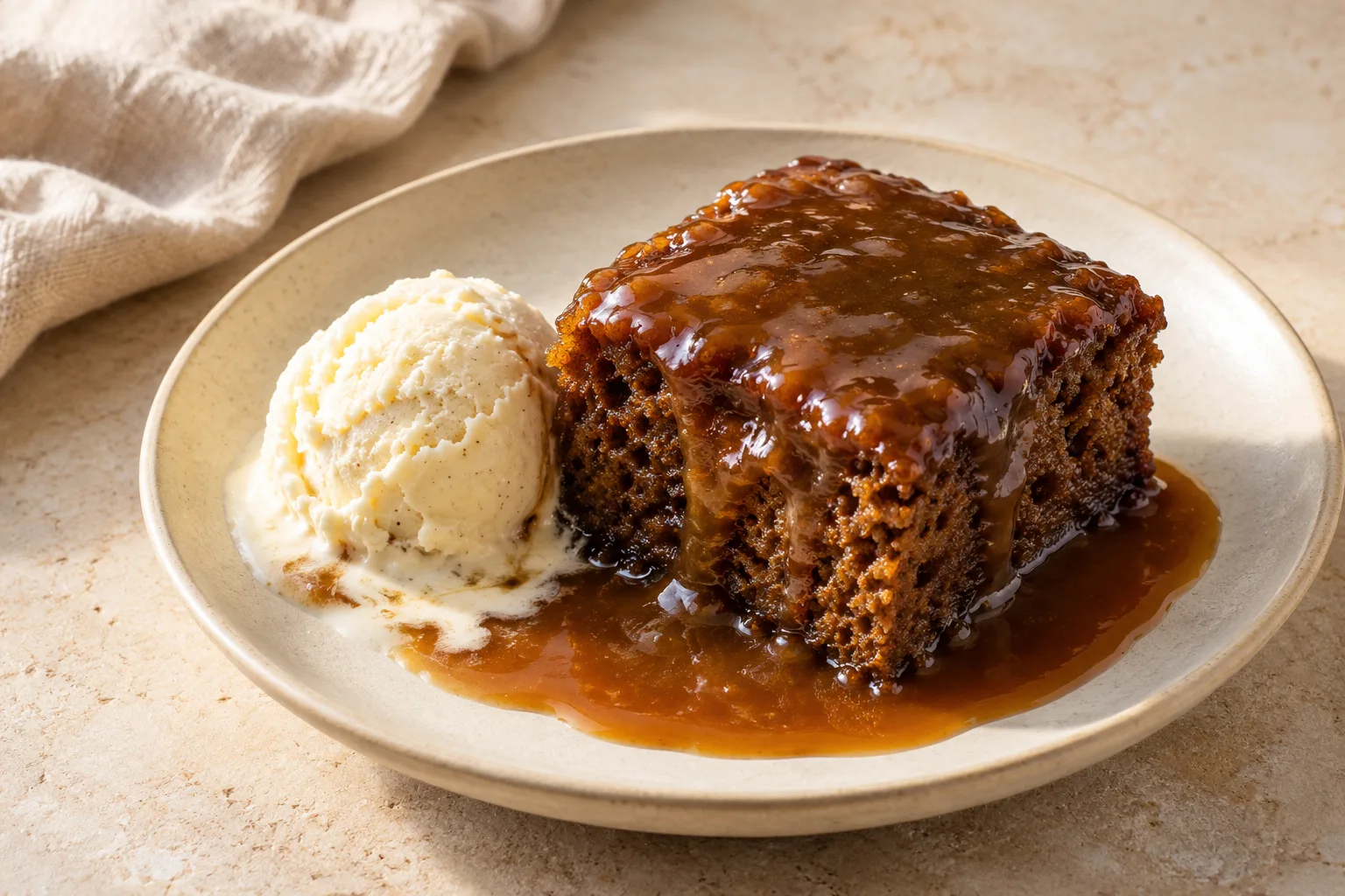 A warm square of dark date sponge with glossy toffee sauce and a scoop of vanilla ice cream beside it