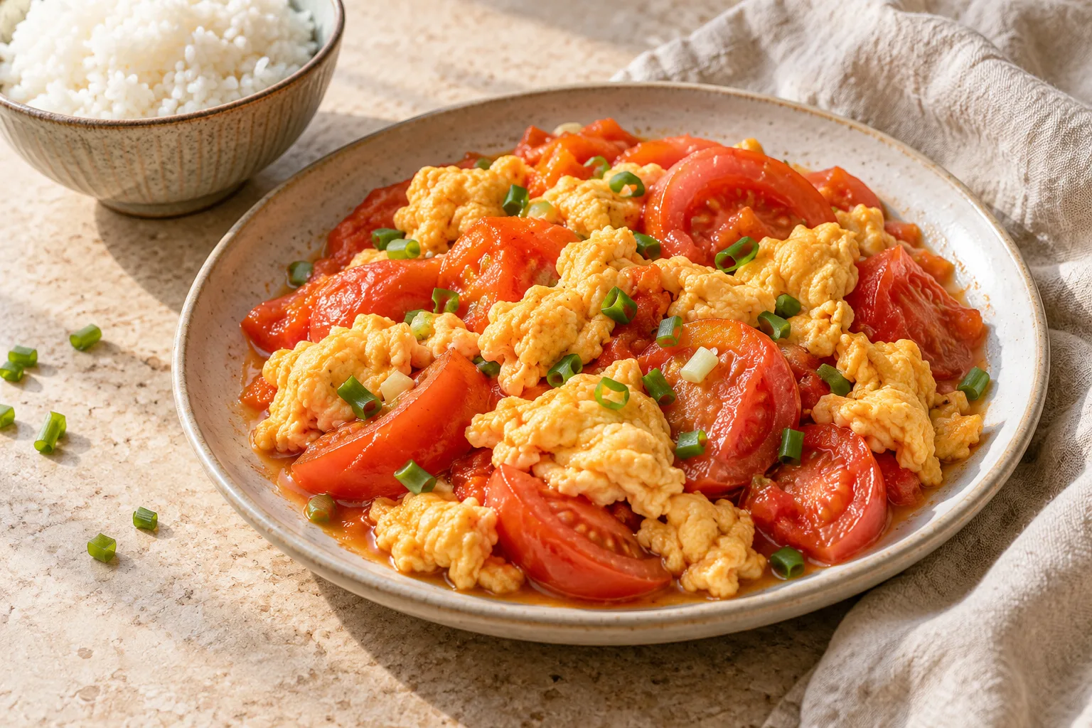 Irregular soft yellow egg curds and red tomato wedges with sliced scallions on a ceramic plate
