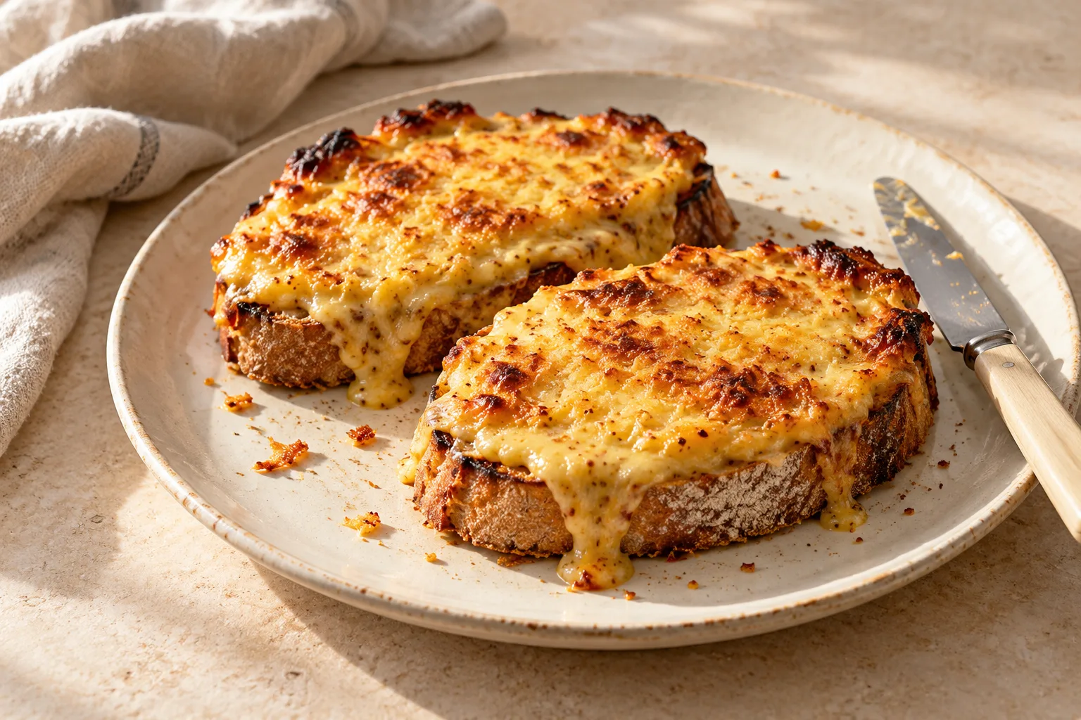 Thick rustic toast topped with uneven patches of browned mustard-cheese sauce