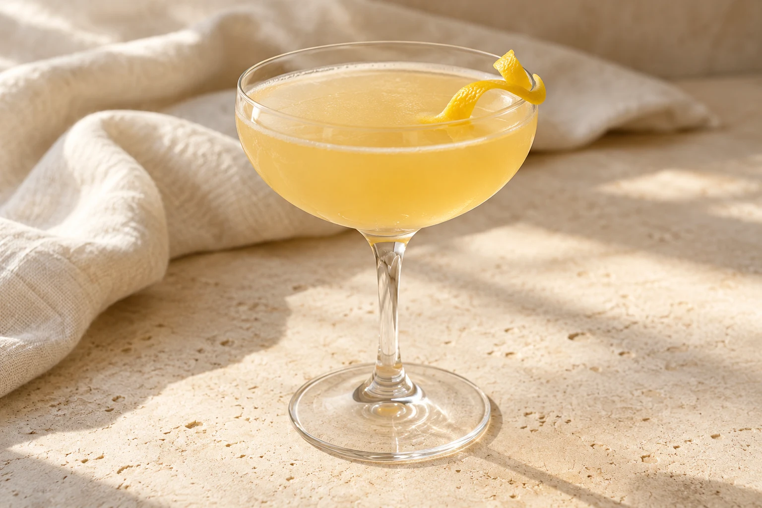 Soft pale gold Bee’s Knees cocktail in a coupe with one naturally curved lemon peel and no ice