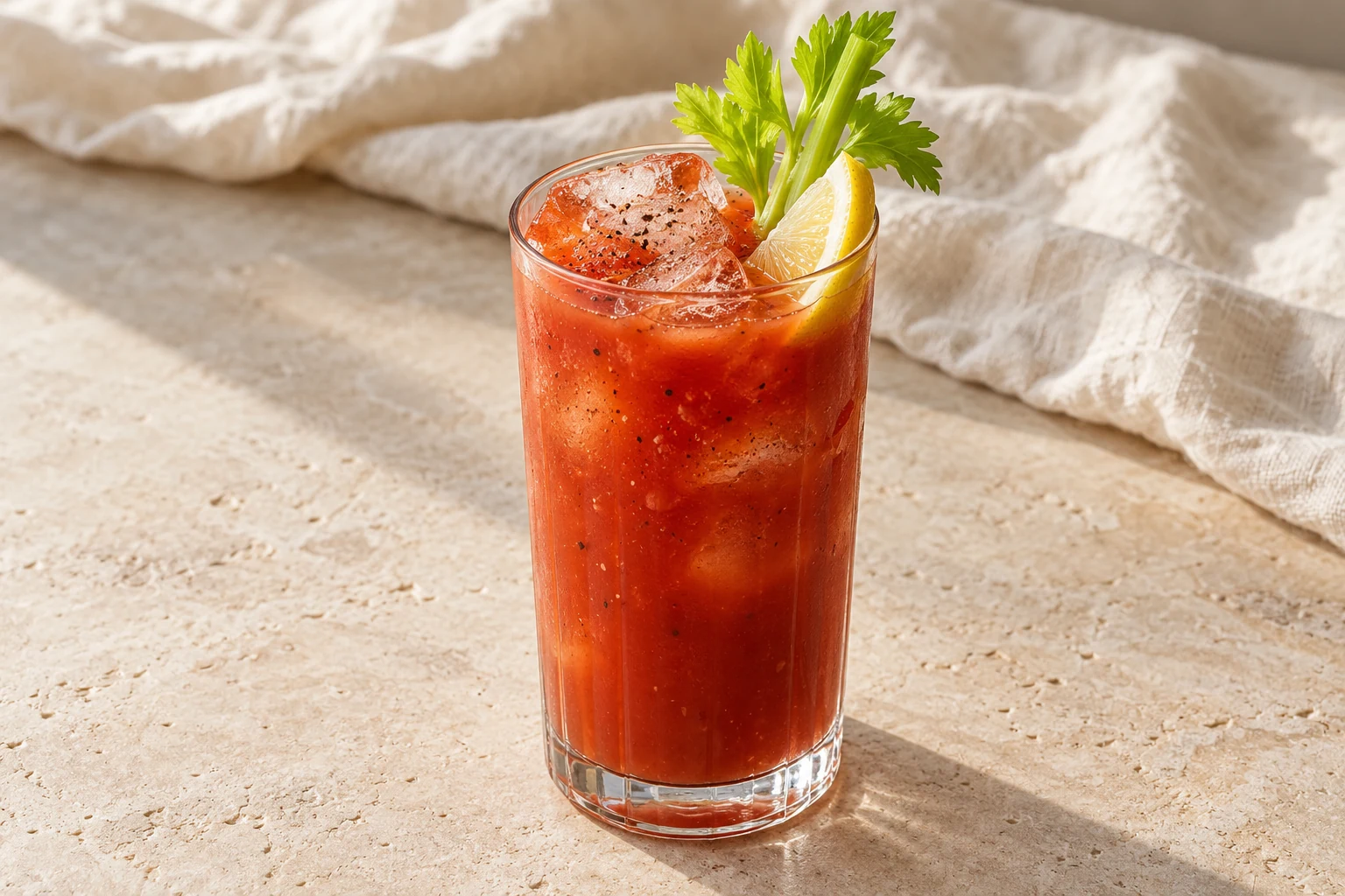 Opaque red Bloody Mary over ice in a highball glass, with black pepper flecks, one celery stalk, and a lemon wedge