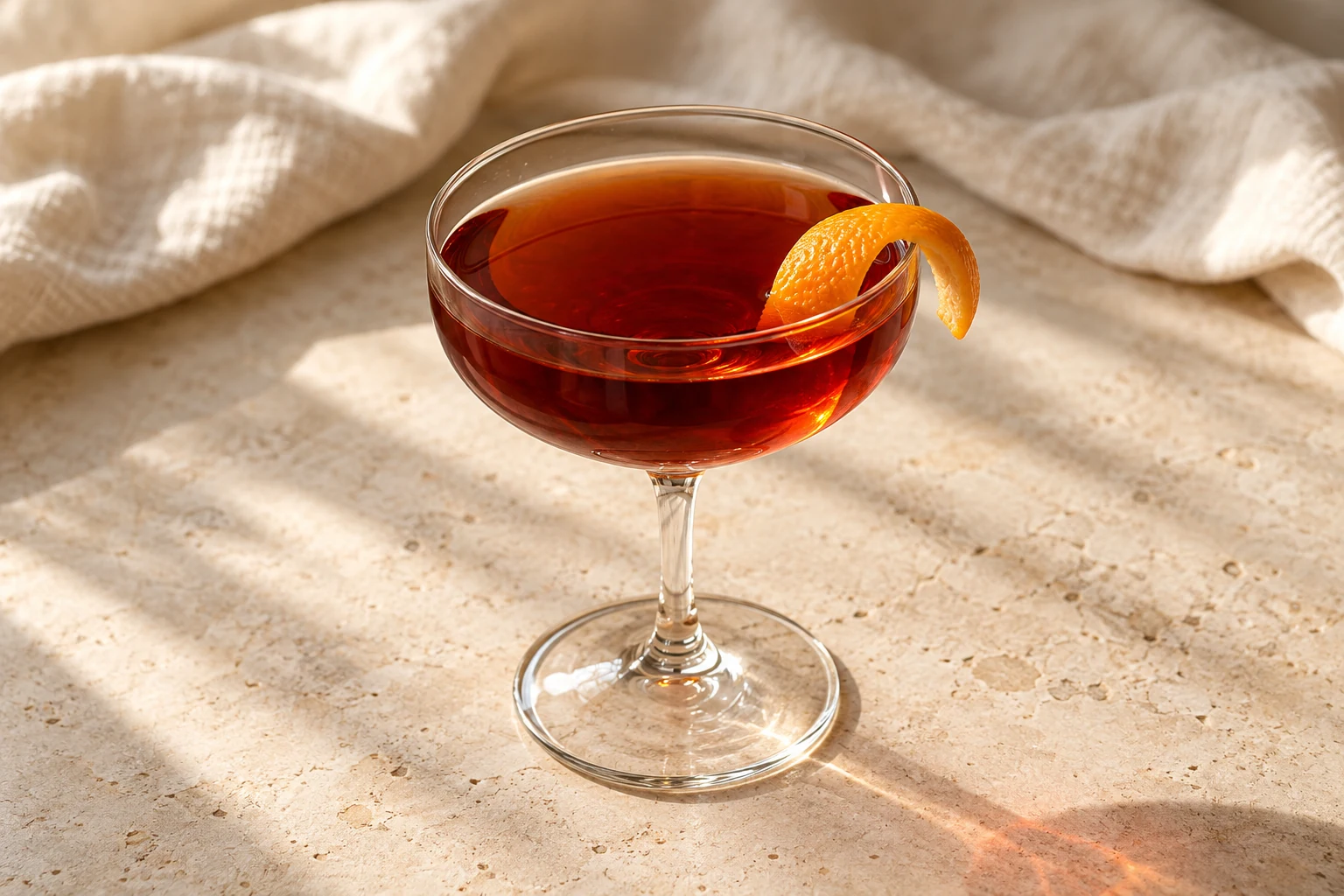 Clear ruby-amber Boulevardier in a stemmed coupe without ice, with one naturally curled orange peel