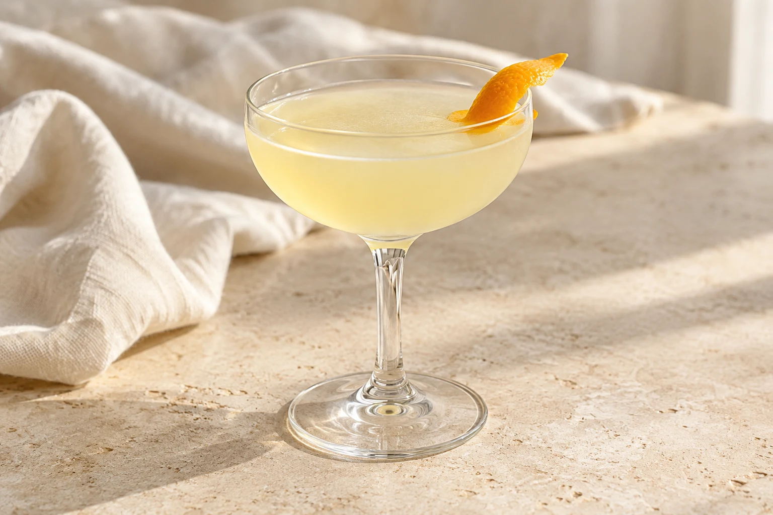 Pale yellow slightly cloudy Corpse Reviver No. 2 in a coupe, with one small curved orange peel and no ice
