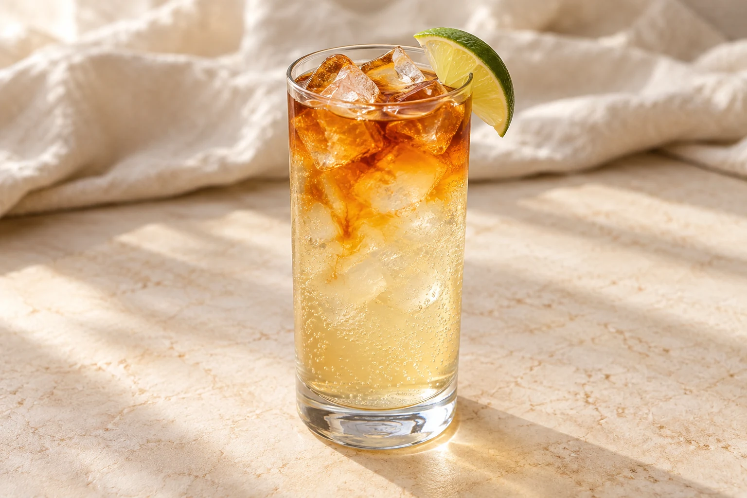 Dark amber rum drifting through pale gold ginger beer and irregular ice in a tall highball glass with a lime wedge
