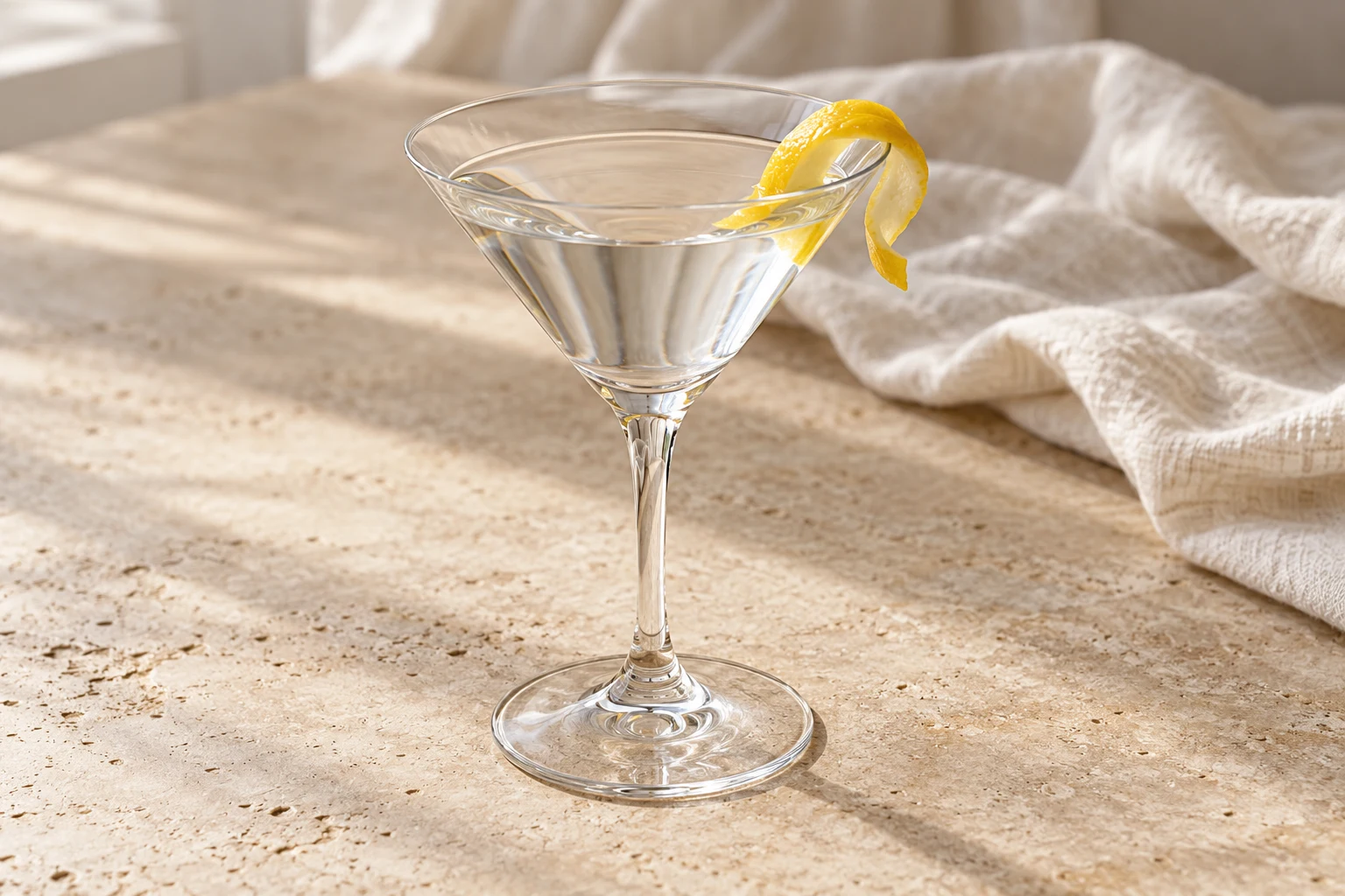 Clear dry martini in a V-shaped stemmed glass with one naturally curved lemon peel and no ice