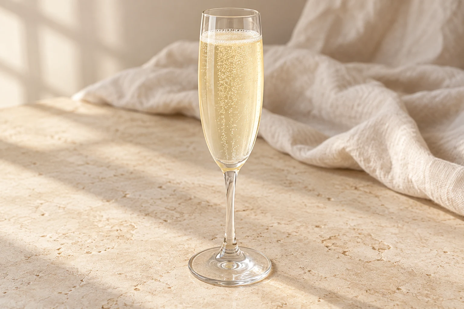 Pale straw-colored French 75 in a slender Champagne flute with small natural bubbles, no ice and no garnish