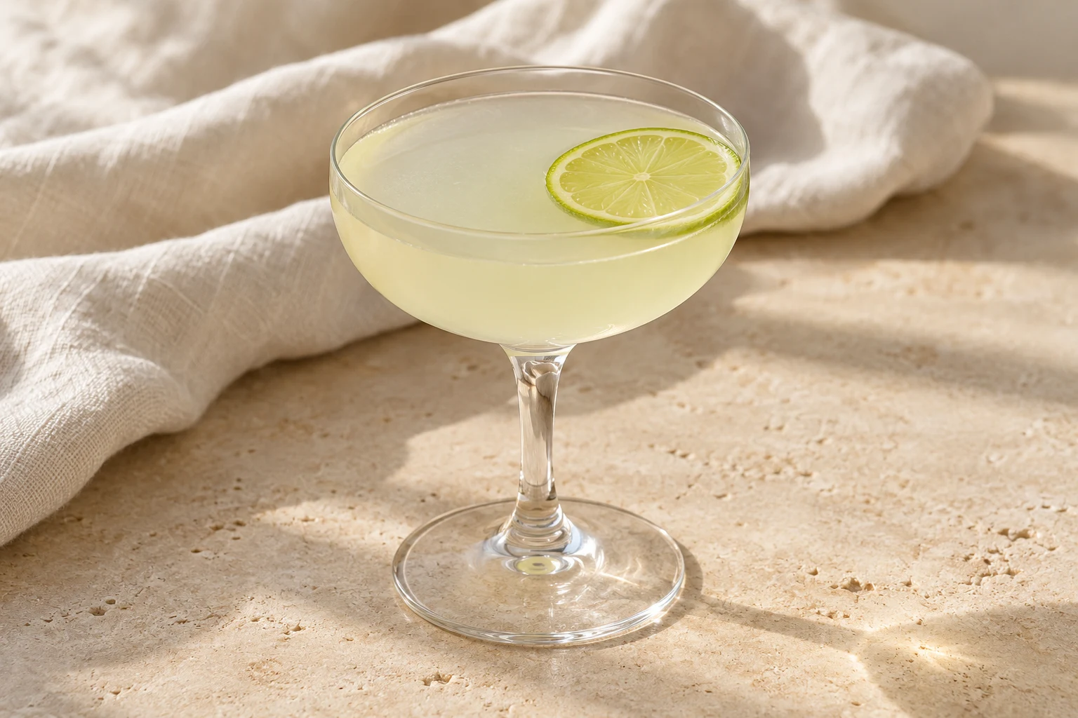 Pale translucent yellow-green Gimlet in a small coupe with one thin lime wheel, no ice or other garnish