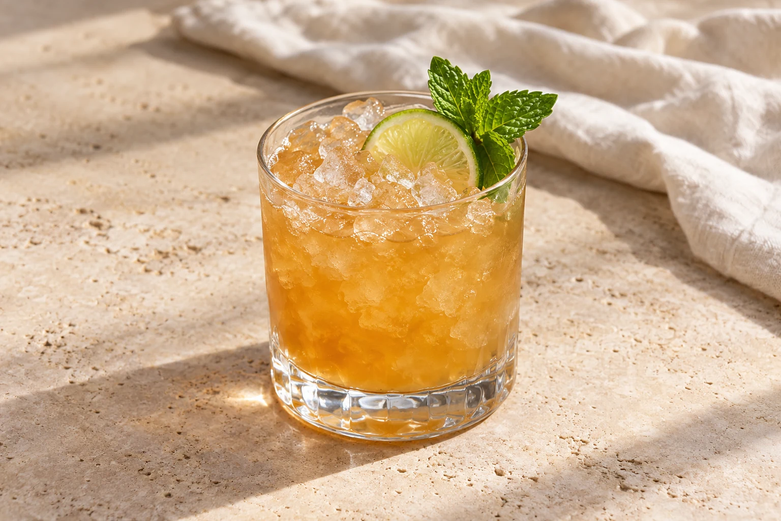 Cloudy amber-gold Mai Tai over uneven crushed ice in a double rocks glass, with a lime wheel and a loose mint sprig