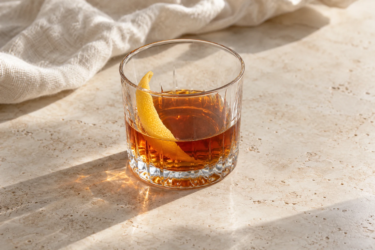 Clear amber Sazerac in a short rocks glass without ice, finished with one loosely curled lemon peel